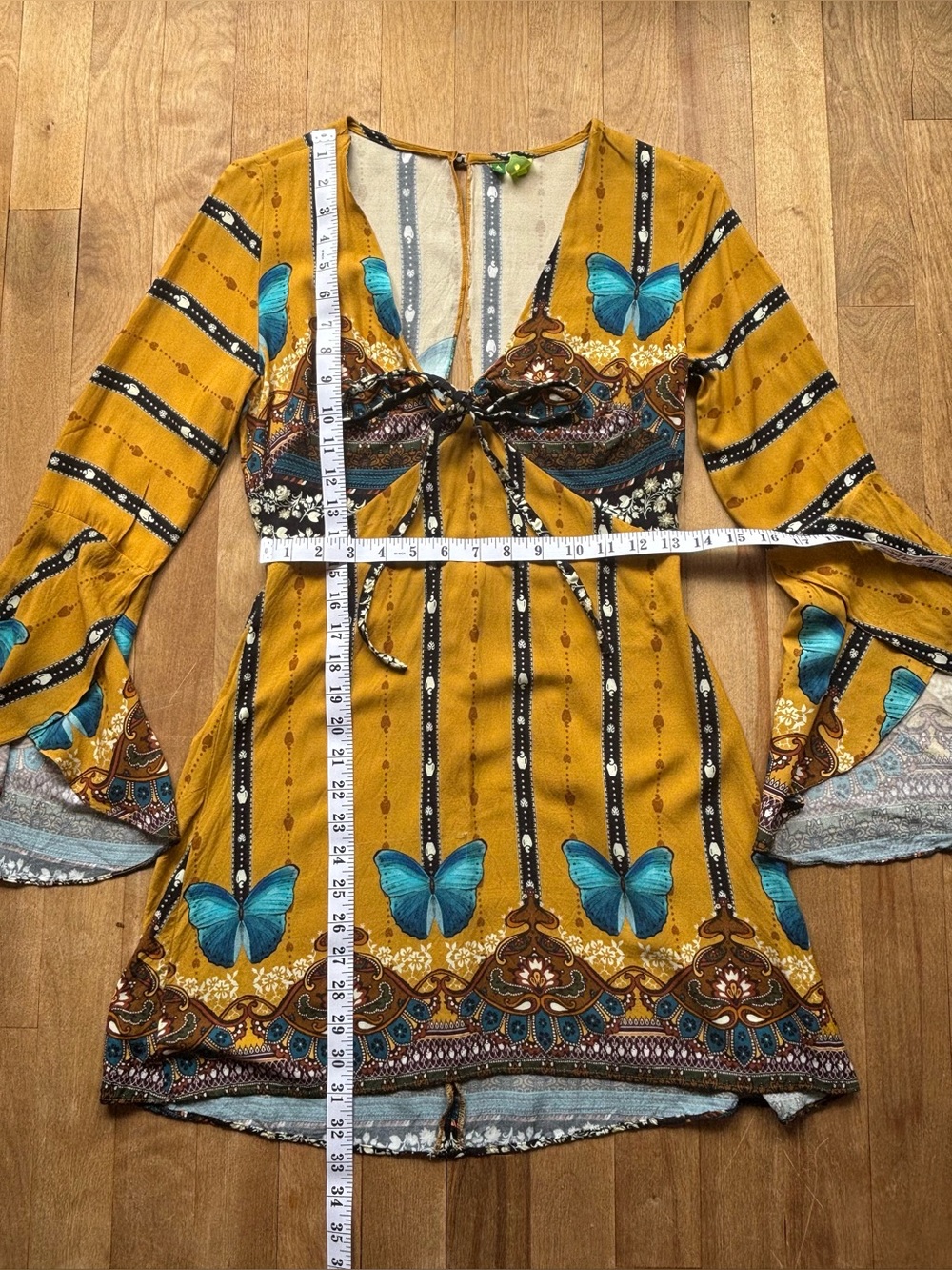 Farm Rio Brazil Mustard Yellow Butterfly Tie-Front Boho Women's Dress - Picture 5 of 11